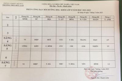 THỜI KHÓA BIỂU HỌC BDHSG KHỐI 8  ÁP DỤNG TỪ TUẦN 20 NĂM HỌC 2021-2022